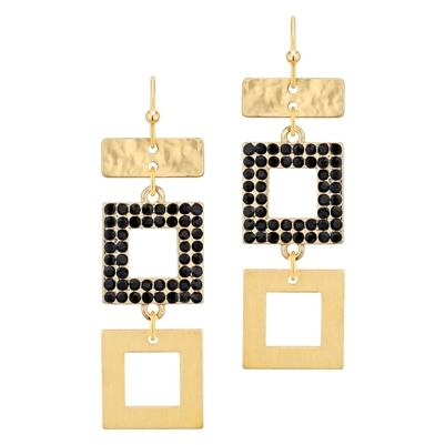 Black Rhinestone and Gold Square Earring