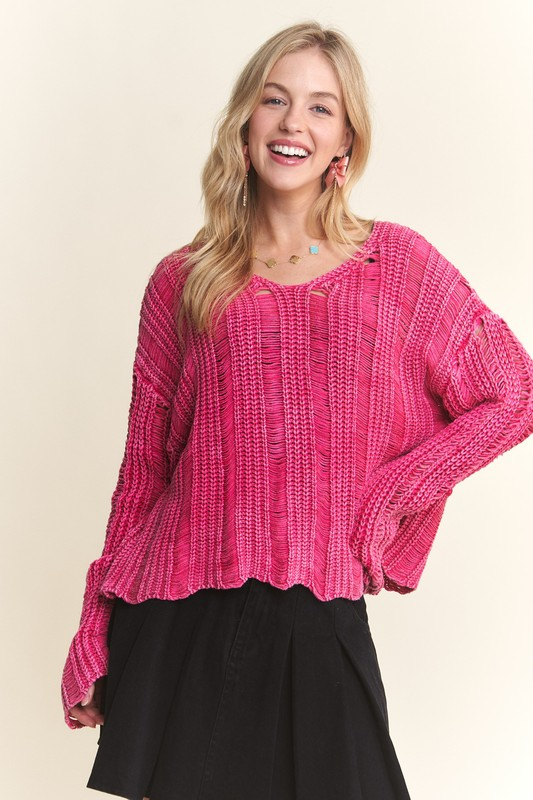 Distressed Mineral Washed Sweater HOT PINK