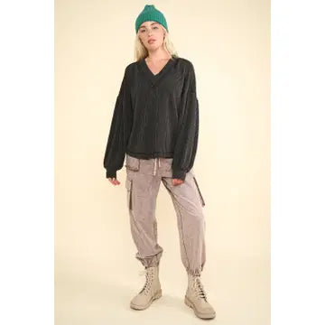 Two Tone Otto Ribbed V-Neck Oversized Knit Top in Charcoal