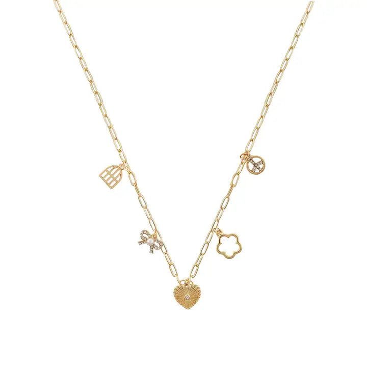 Heart, Bow, and Flower Gold Charm 16"-18" Necklace