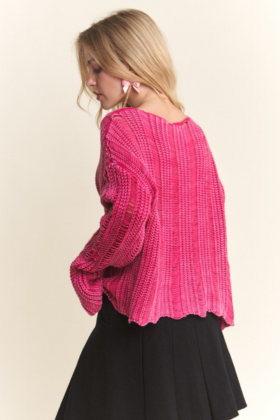 Distressed Mineral Washed Sweater HOT PINK