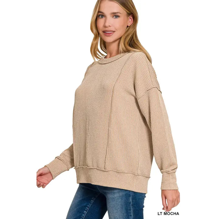 Corded Rib Long Sleeve Round Neck Pullover