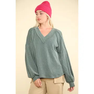 Two Tone Otto Ribbed V-Neck Oversized Knit Top in Moss