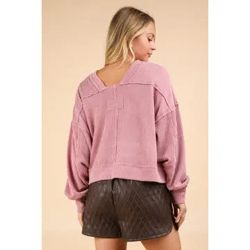 Two Tone Otto Ribbed Oversized Soft Comfy Knit Top in Pink