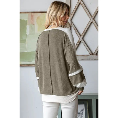 Rib Color Block Pullover Top in Olive