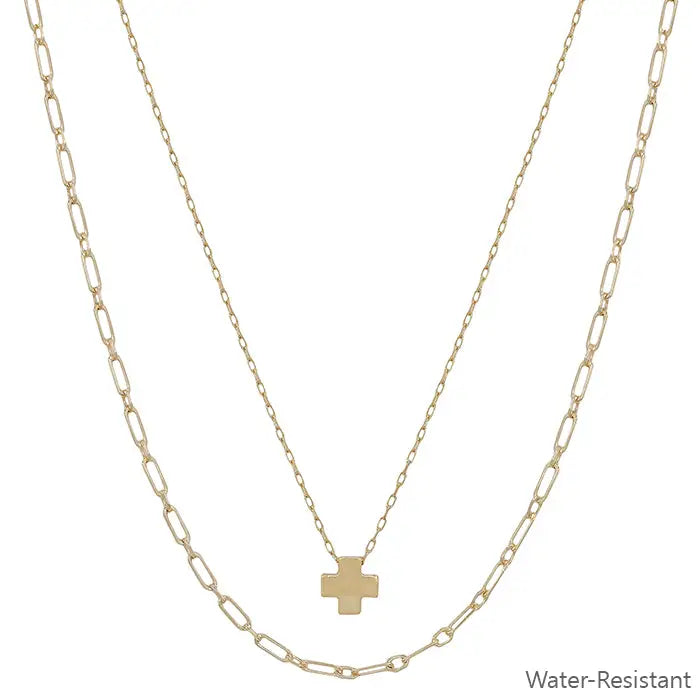 Water Resistant Layered Gold Cross Shape Charm and Chain 16"-18" Necklace